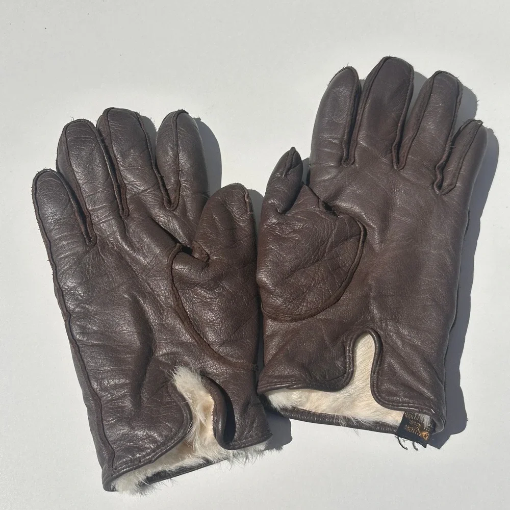 Vintage Dark Brown Leather Gloves Fur Lined Winter Warm Dress Gloves Women Small